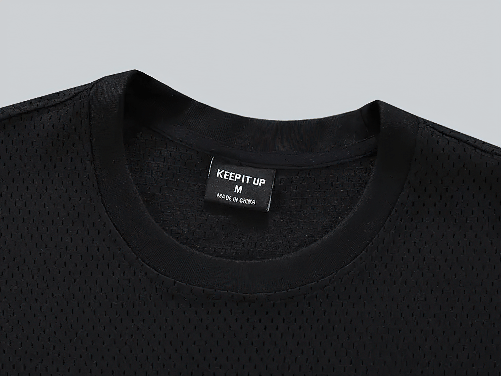 Alt Tag: Men's Oversized Mesh Gym T-Shirt Quick Dry - SF4331 black breathable perforated mesh crew neck close-up for training