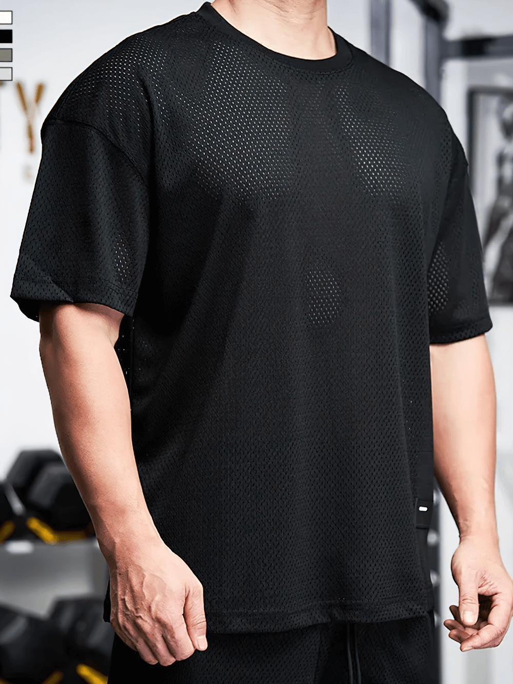 Alt Tag: Men's Oversized Mesh Gym T-Shirt Quick Dry - SF4331 black breathable perforated quick-dry oversized workout tee for training