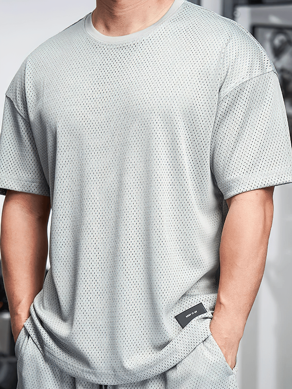 Alt Tag: Men's Oversized Mesh Gym T-Shirt Quick Dry - SF4331 light gray perforated breathable oversized workout tee