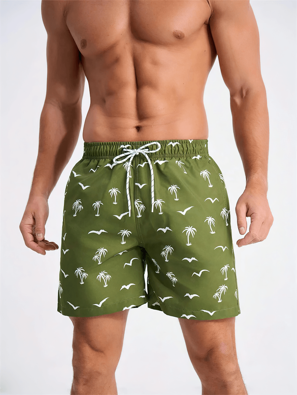 Alt Tag: Men's Palm Tree Print Drawstring Swim Beach Shorts - SF4520 green trunks with palm & bird print, elastic waist drawstring