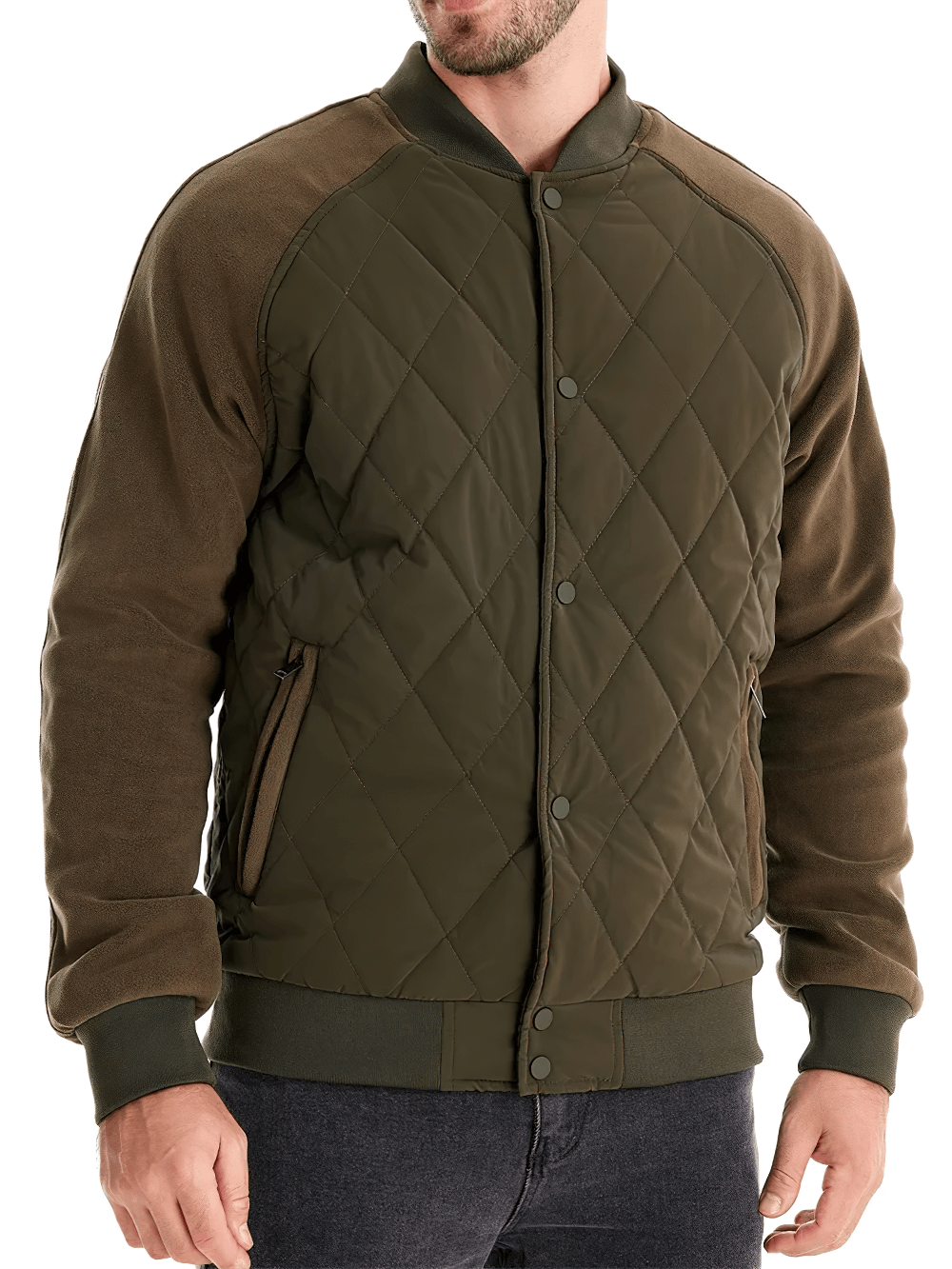 Men's patchwork fleece-lined bomber jacket SF2522, stylish thick baseball design for cold weather, olive color with pockets and snap buttons.