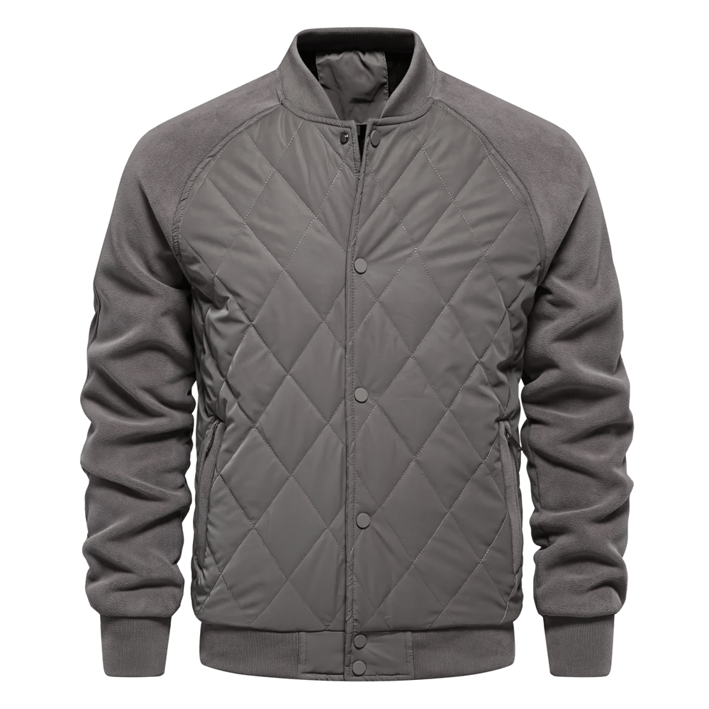 Men's patchwork fleece-lined bomber jacket for winter, SF2522, featuring thick insulation, baseball style, and snap-button closure.