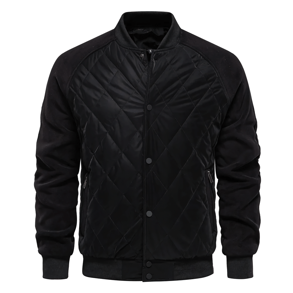 Men's patchwork fleece-lined bomber jacket for winter, black quilted design. Thick, warm baseball-style outerwear with snap-button closure.