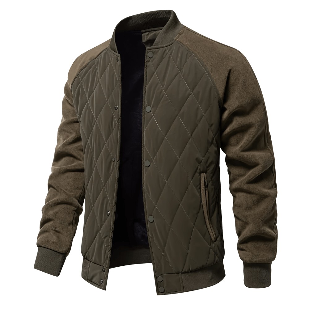 Men's patchwork fleece-lined bomber jacket, stylish thick baseball design for cold weather, olive green color, snap-button closure.