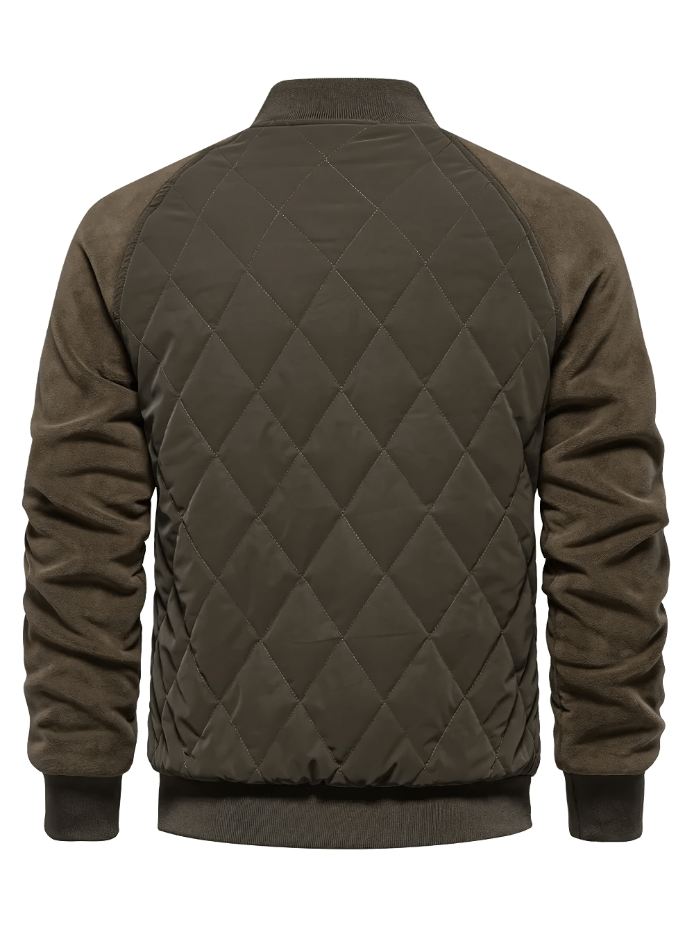 Men's patchwork fleece-lined bomber jacket back view, thick baseball style for cold weather, khaki color, durable outerwear SF2522.