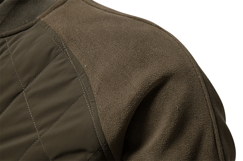 Close-up of men's patchwork fleece-lined bomber jacket SF2522, showcasing soft thick insulation and baseball-style design.