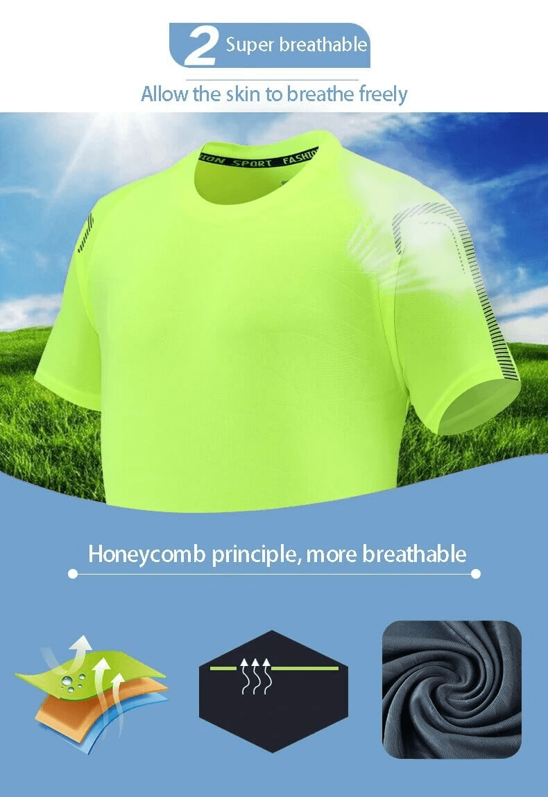 Bright yellow breathable t-shirt in a field, showcasing honeycomb fabric and moisture-wicking features for enhanced performance.