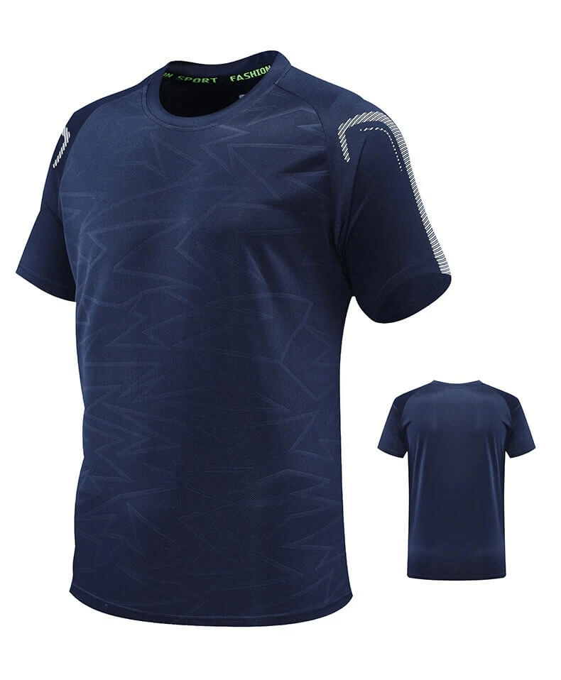 Men's blue performance T-shirt with striped sleeves, ideal for soccer and training, made from breathable quick-dry polyester.