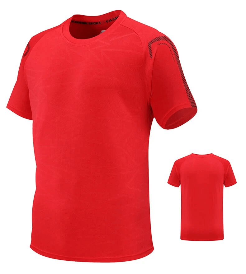 Red men's performance t-shirt, featuring a sporty design, perfect for soccer, training, and fitness in spring and summer.