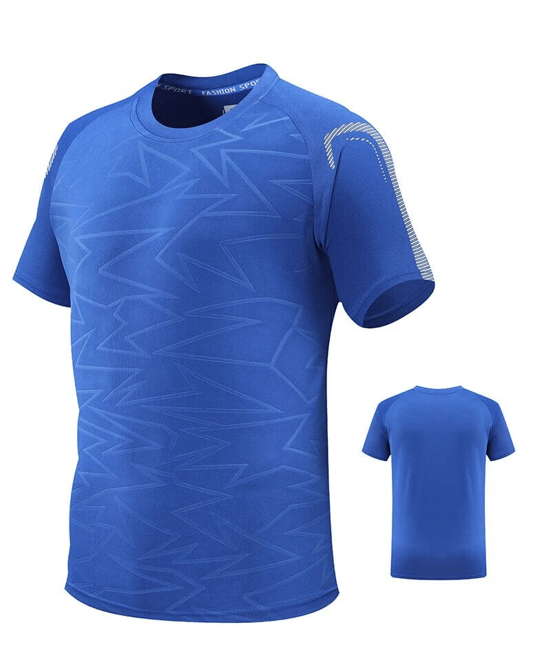 Men's sporty blue performance T-shirt with geometric pattern, featuring short sleeves and an O-neck, ideal for soccer or fitness.