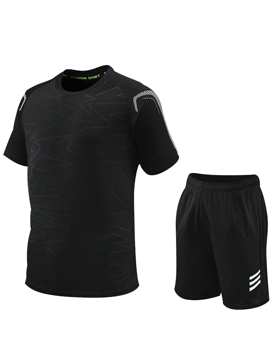 Men's Performance Soccer Kit SF2029 with stripes, breathable polyester, O-neck, short sleeves, elastic waist shorts; ideal for sports.