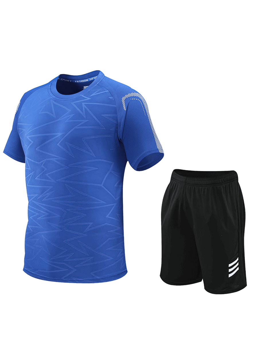 Men's blue and black striped soccer kit with breathable, quick-dry fabric, perfect for spring and summer sports activities.