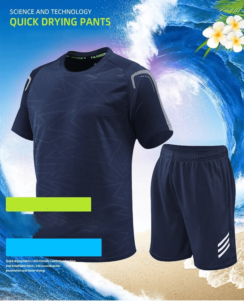 Men's Performance T-Shirt and Shorts in navy with sporty stripes, quick-drying breathable fabric, ideal for soccer and spring fitness.