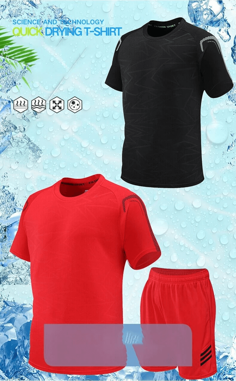 Men's Performance T-Shirt and Shorts Set SF2029 in red and black, sporty striped kit for soccer and training.