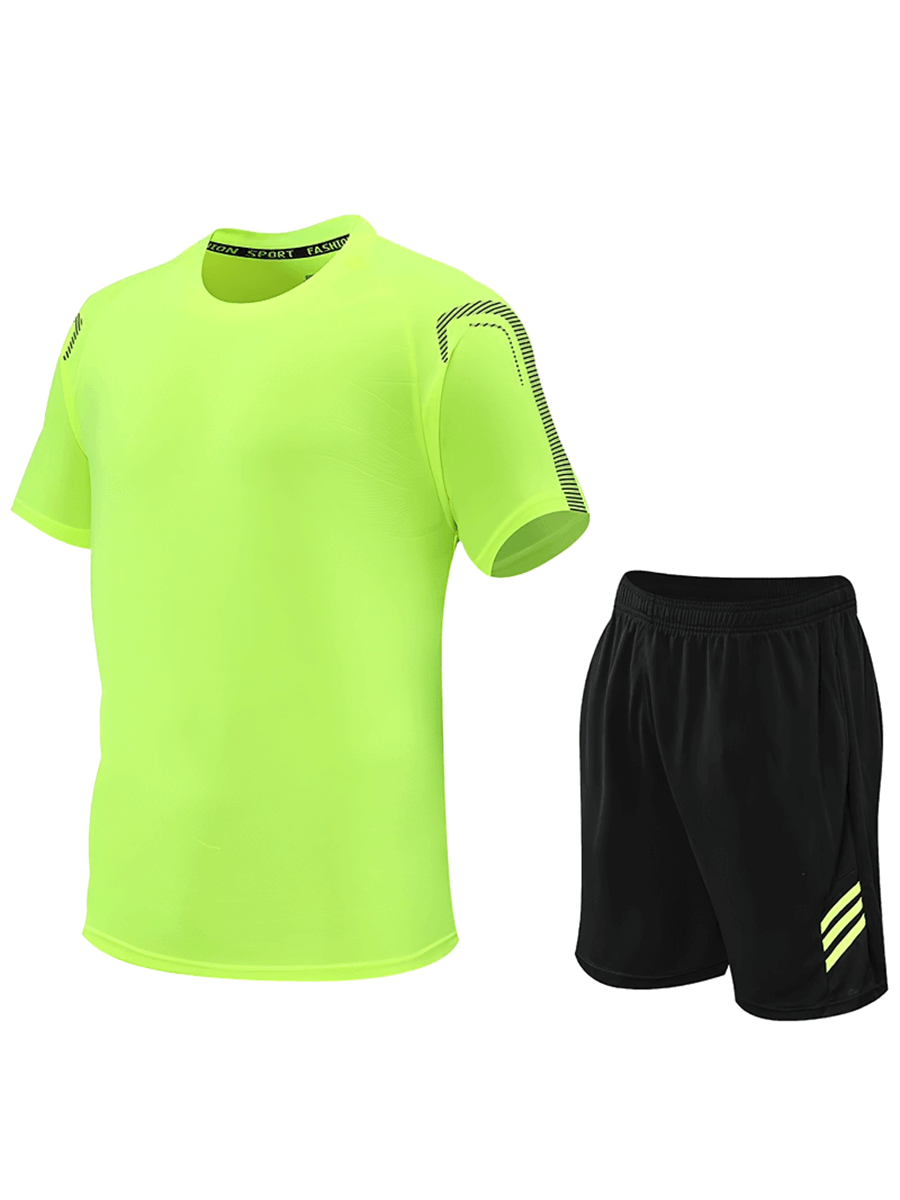 Bright yellow Men's Performance T-Shirt and black Shorts Set SF2029, sporty stripes, breathable quick-dry fabric for soccer and training.
