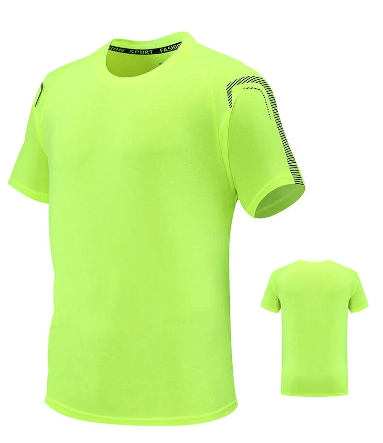 Neon green men's performance T-shirt with sporty stripes, O-neck collar, ideal for soccer and fitness activities in summer.
