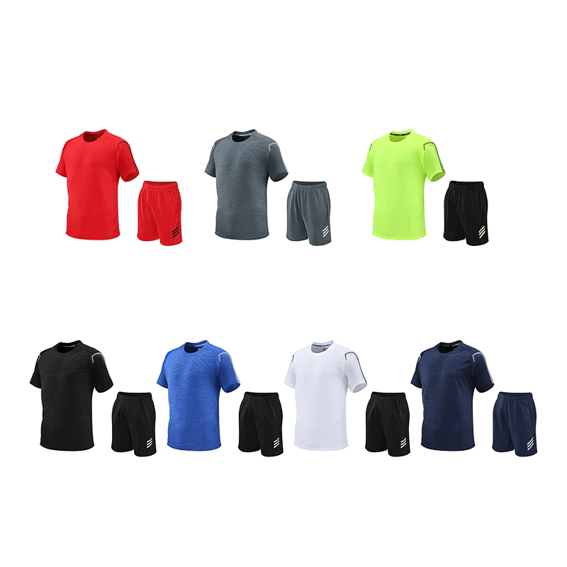 Colorful men's performance T-shirt and shorts set, featuring sporty striped design for optimal soccer training and fitness comfort.