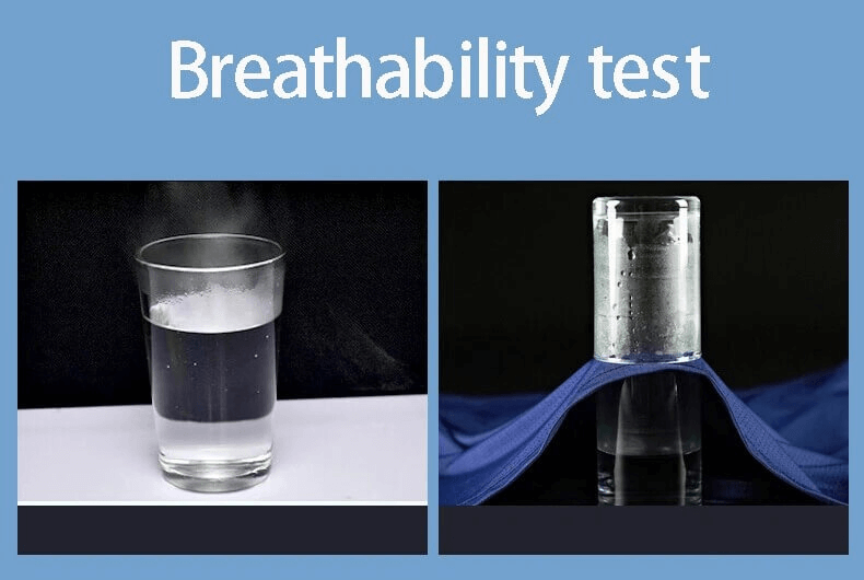 Alt Tag: Breathability test demonstration with water glass and fabric for quick-dry polyester material.