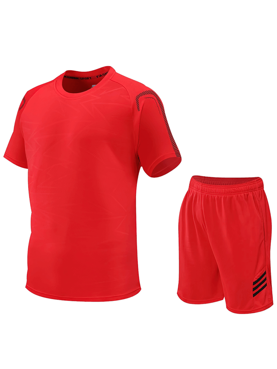 Bright red men’s soccer kit with striped shorts, featuring an O-neck collar and breathable fabric for optimal spring and summer performance.