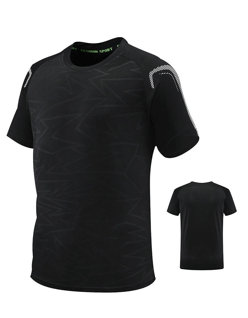 Black men's performance t-shirt with short sleeves and subtle pattern, perfect for soccer and training.