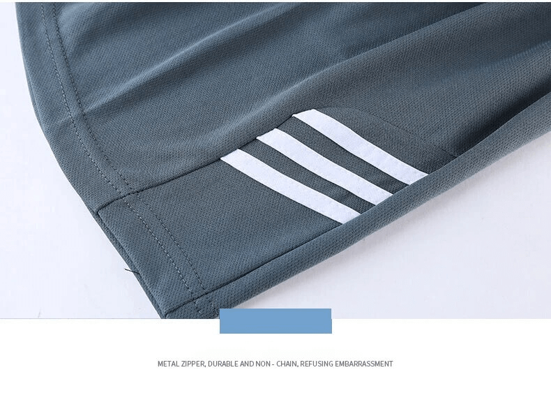 Close-up of Men's Performance T-Shirt with sporty stripes, showcasing durable stitching and breathable quick-dry polyester fabric.