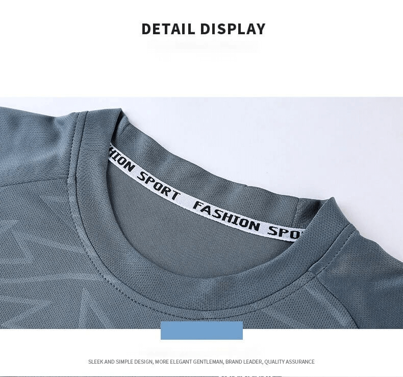 Close-up view of men's performance T-shirt with O-neck collar, featuring breathable, quick-dry fabric. Ideal for sport and fitness.