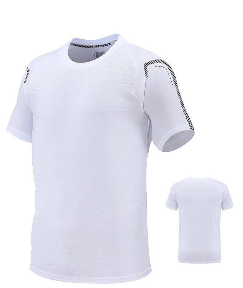 White men's performance T-shirt with sporty stripes and breathable quick-dry fabric, ideal for soccer and training, SF2029.