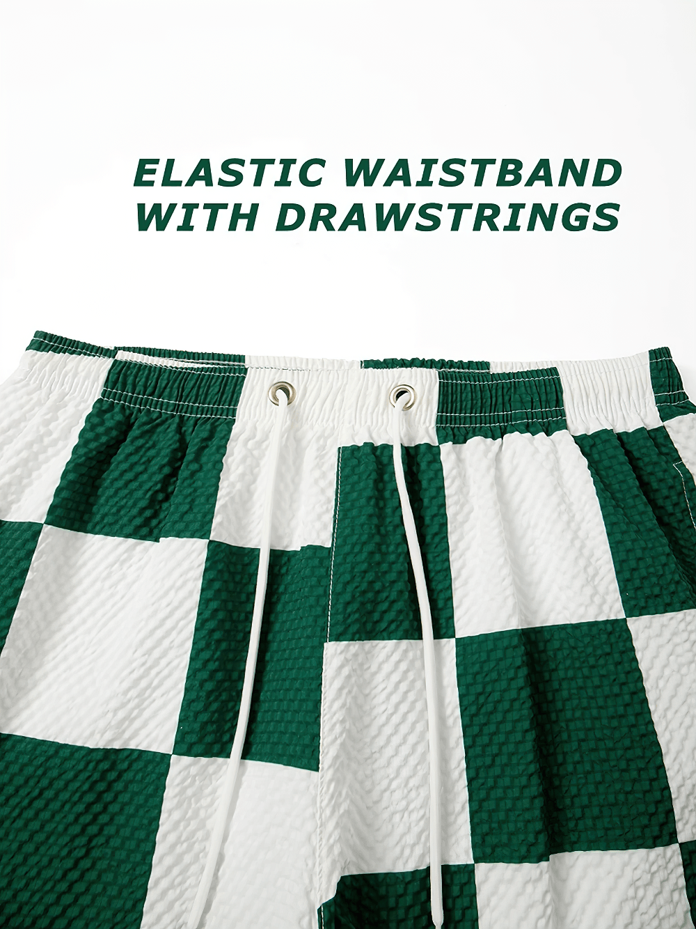Alt Tag: Men's Plaid Seersucker Beach Shorts with Mesh Liner - SF4540 elastic waistband with drawstrings, green white check seersucker