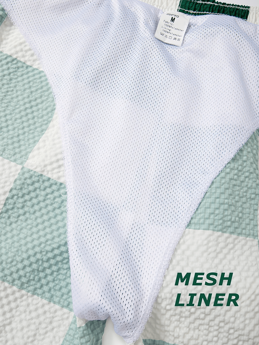 Alt Tag: Men's Plaid Seersucker Beach Shorts with Mesh Liner - SF4540 white mesh liner close-up with size tag