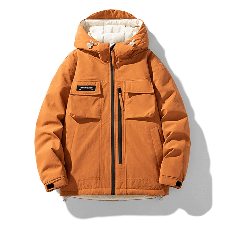 Men's orange puffer jacket with hood and pockets, SF2115. Perfect for winter warmth with water-resistant shell and thick insulation.