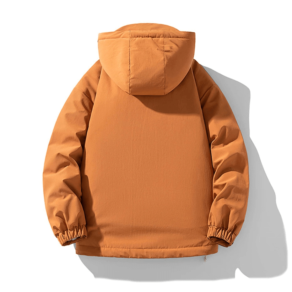 Men's puffer jacket in orange with hood and pockets, ideal for winter warmth with water-resistant shell and down filling.