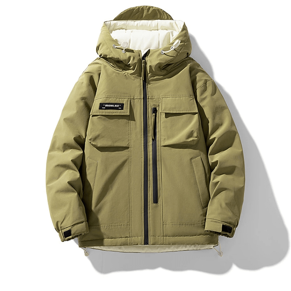 Men's olive green puffer jacket with hood and pockets, SF2115 model, perfect for winter warmth and style with water-resistant shell.