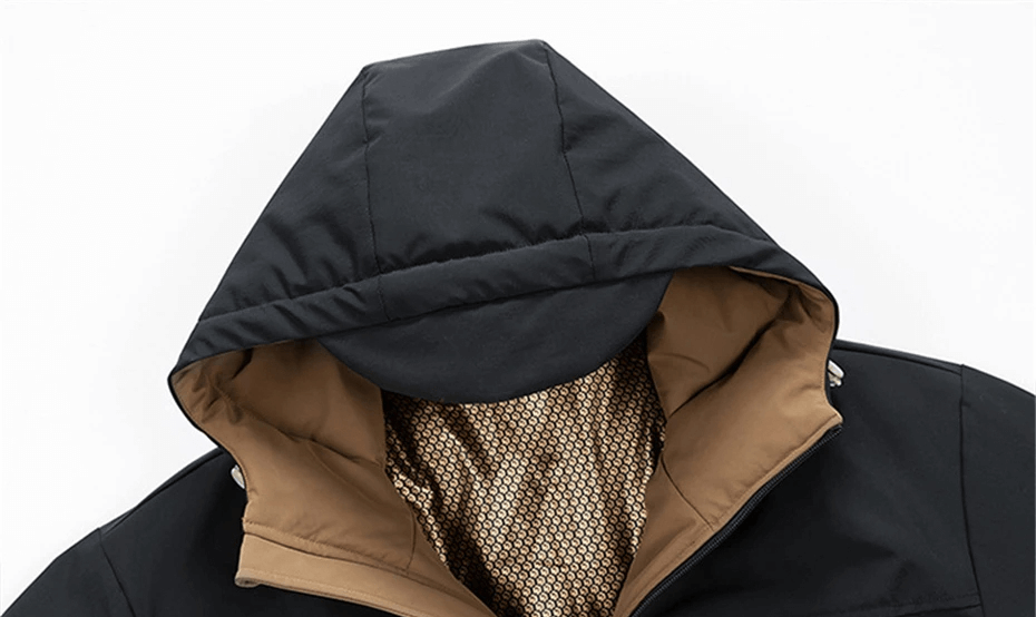 Close-up of Men's Puffer Jacket with Hood - SF2115, featuring water-resistant shell and warm down filling, ideal for winter.