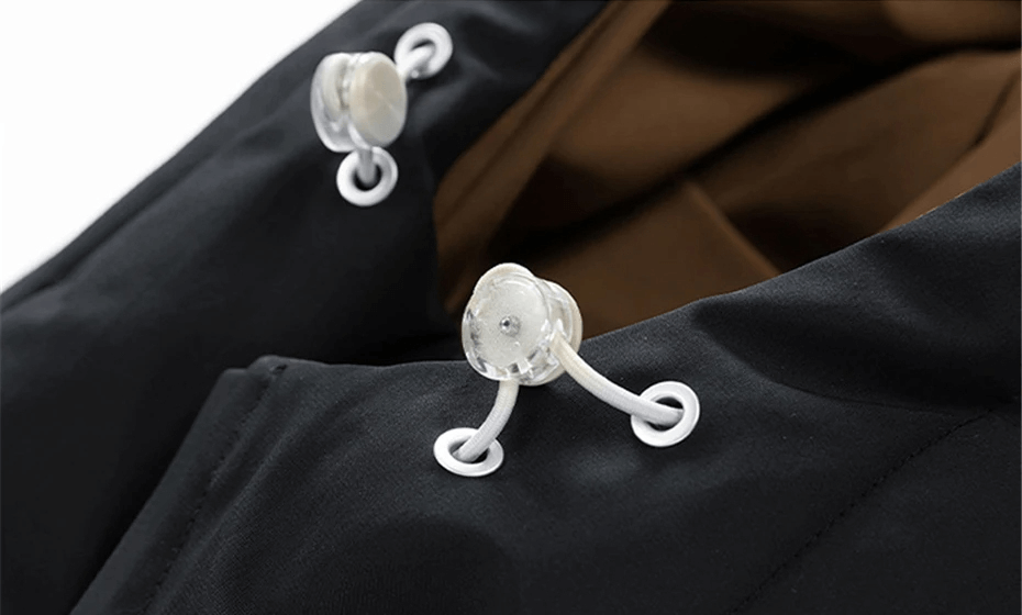 Close-up of black men's puffer jacket collar with adjustable drawstrings for added warmth and style.