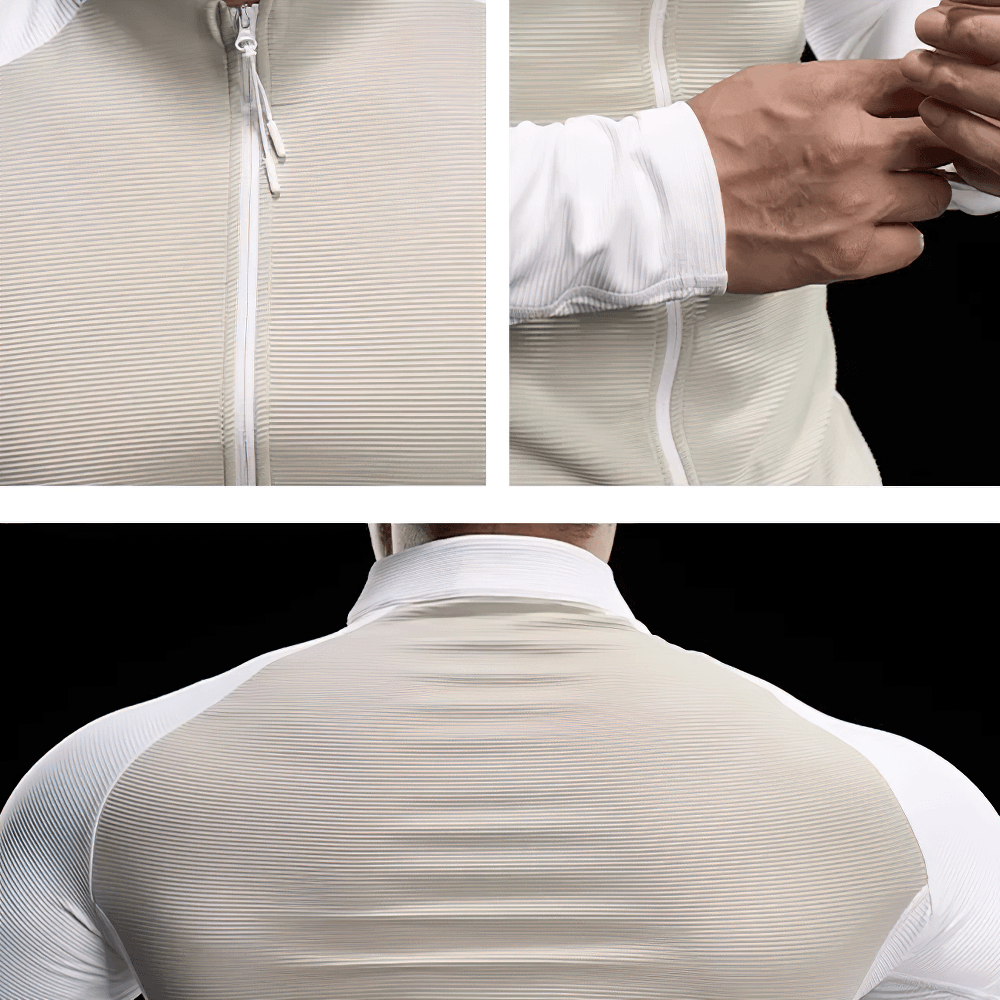 Men's Quarter Zip Ribbed Running Training Top - SF4597 close-up showing ribbed texture and fitted design for athletic performance.