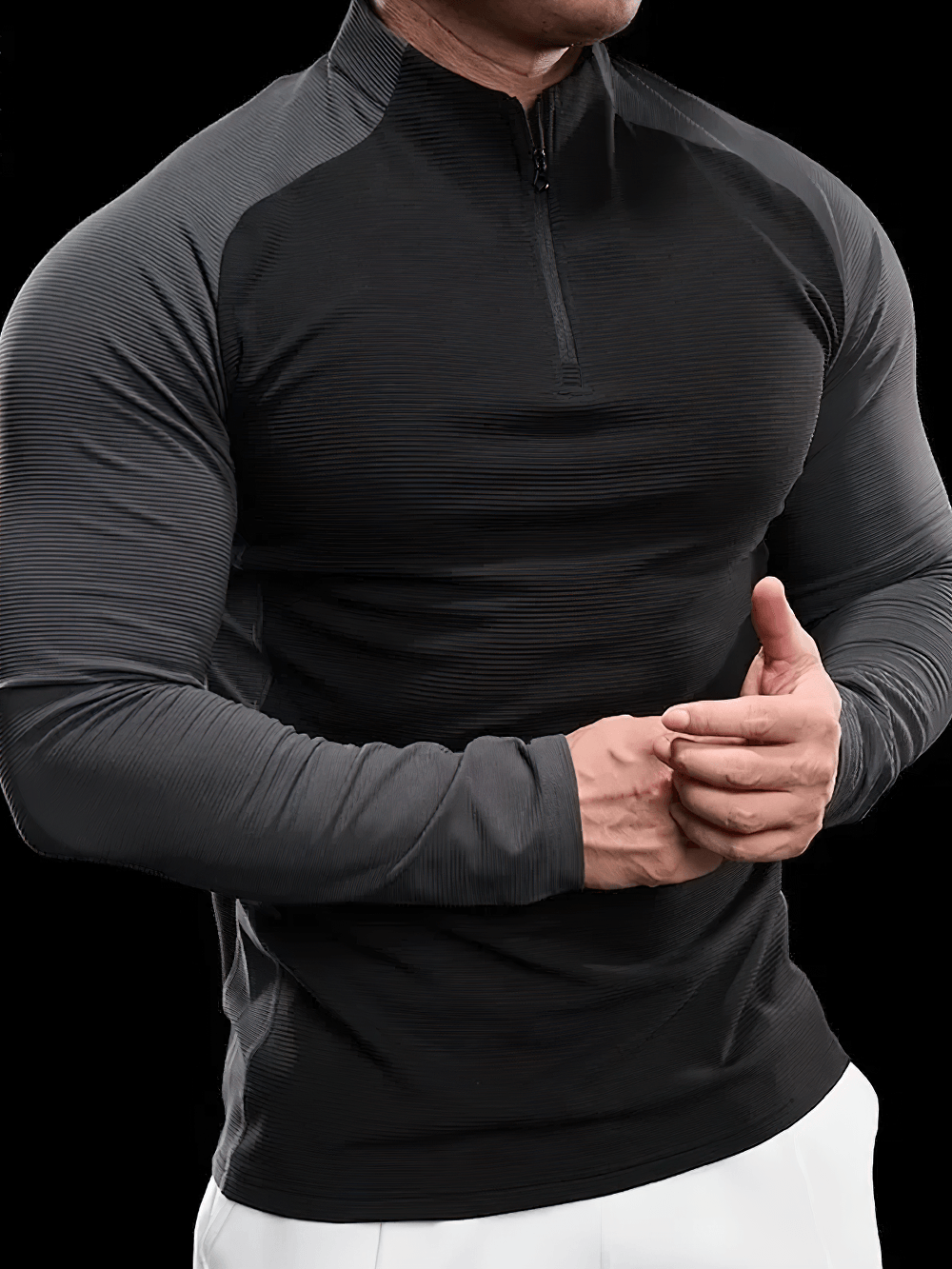 Men's Quarter Zip Ribbed Running Training Top - SF4597 in black, designed for active workouts and comfort.