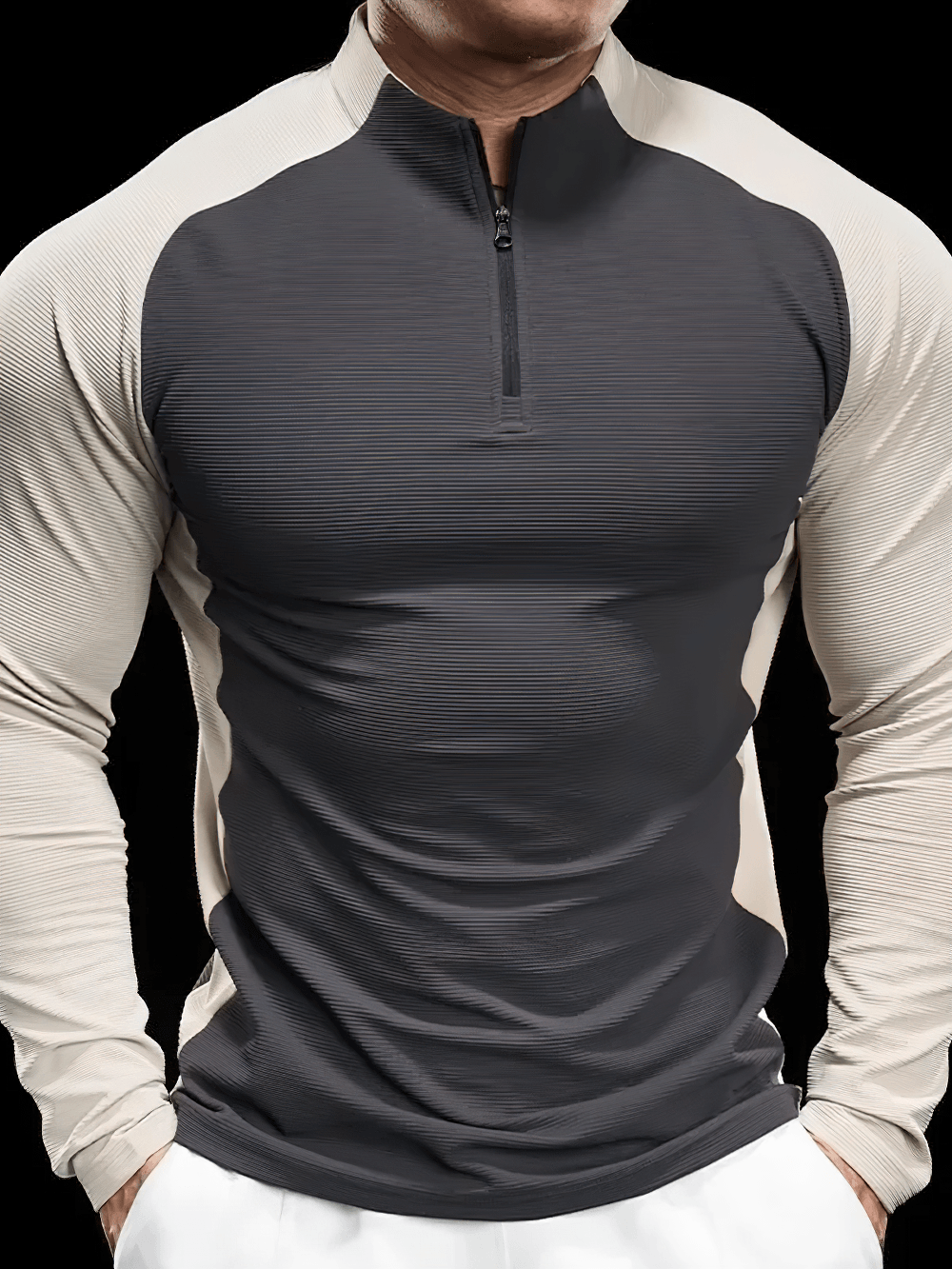 Men's Quarter Zip Ribbed Running Training Top - SF4597 showcasing a fitted, lightweight athletic design for workouts.