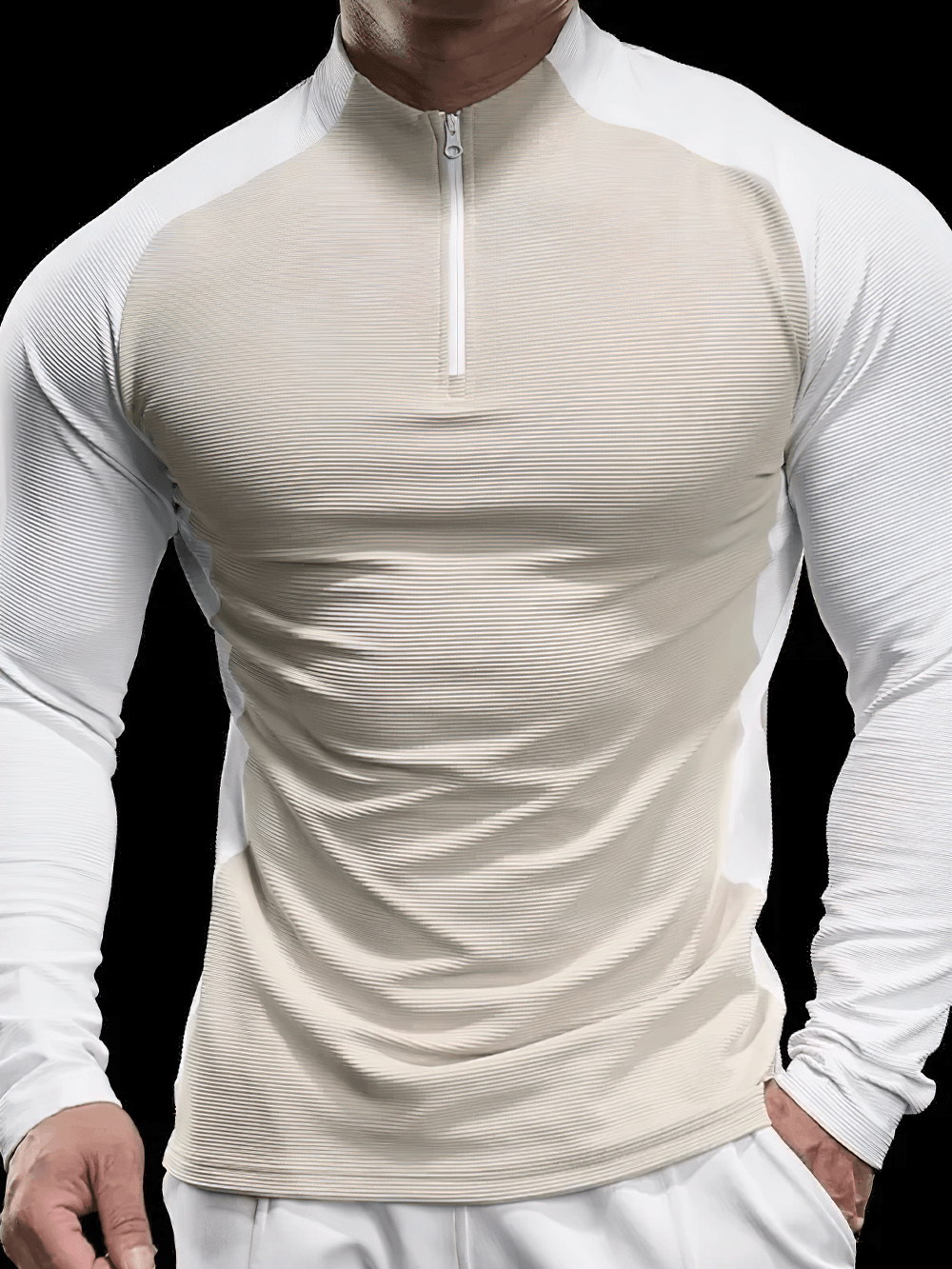 Men's Quarter Zip Ribbed Running Training Top - SF4597 in beige and white, perfect for cool-weather workouts and athletic training.