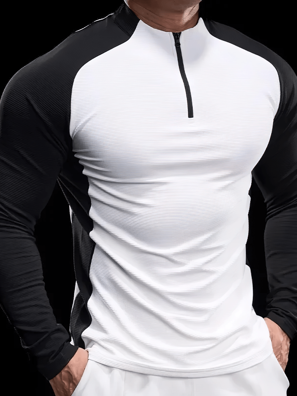 Men's Quarter Zip Ribbed Running Training Top - SF4597 in white and black for athletic performance.