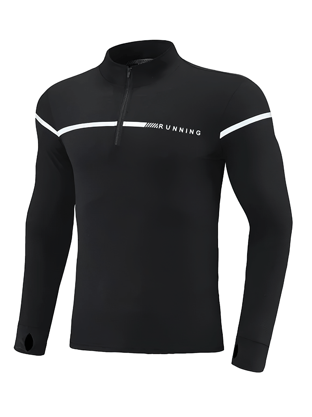 Men's Quarter Zip Running Top with Reflective Trim - SF4589 in black with thumb holes and contrast stripes.