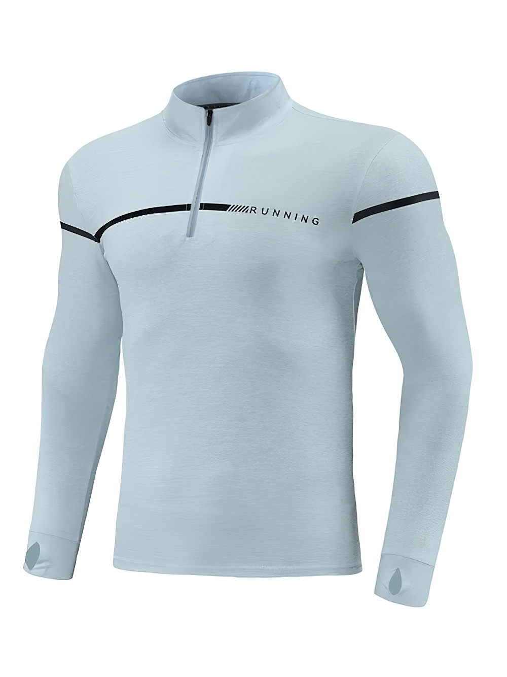 Men's Quarter Zip Running Top with Reflective Trim - SF4589 in light blue, featuring thumb holes and contrast stripe detailing.