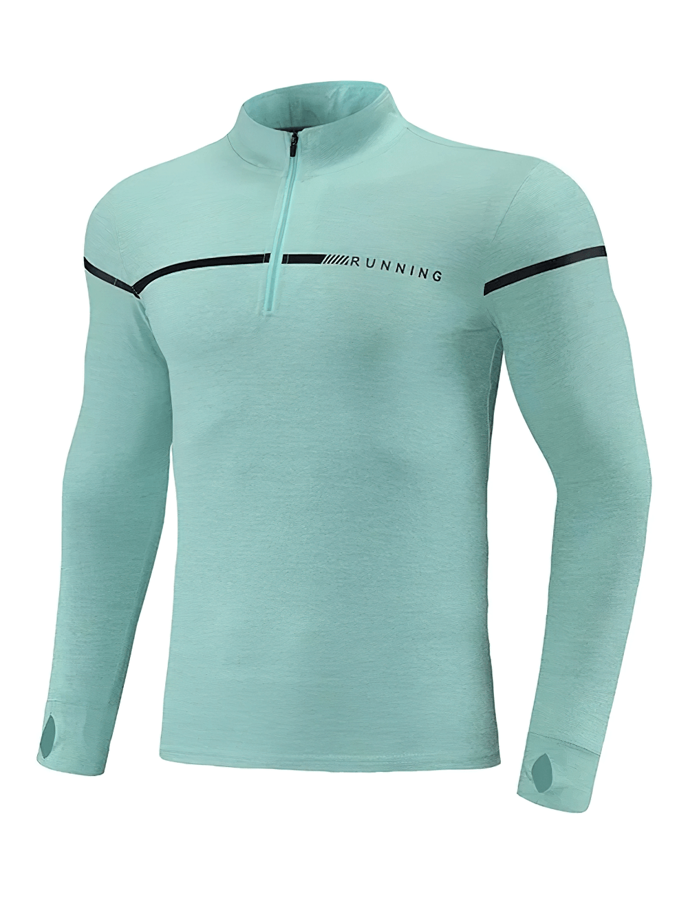 Men's Quarter Zip Running Top with Reflective Trim - SF4589 in light blue color with long sleeves and thumb hole cuffs.