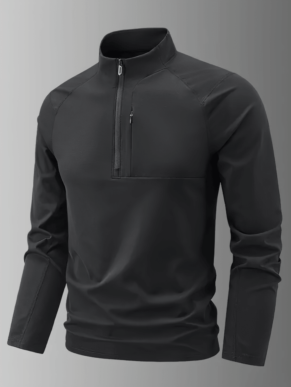 Men's Quarter Zip Stand Collar Athletic Training Top - SF4596 in sleek black featuring raglan sleeves and a zippered collar.