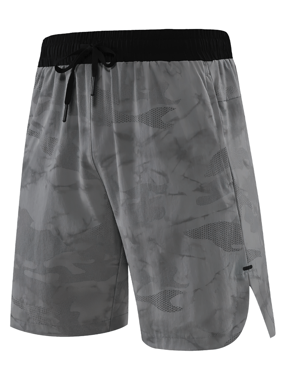 Alt Tag: Men's Quick-Dry Athletic Shorts with Camo Print - SF4468 gray marble camo gym shorts with black drawstring waistband