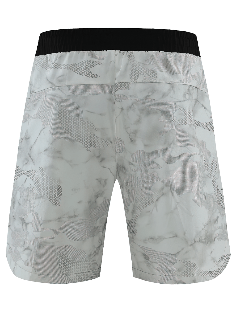 Alt Tag: Men's Quick-Dry Athletic Shorts with Camo Print - SF4468 marble camo gym shorts back view with black waistband, quick-dry