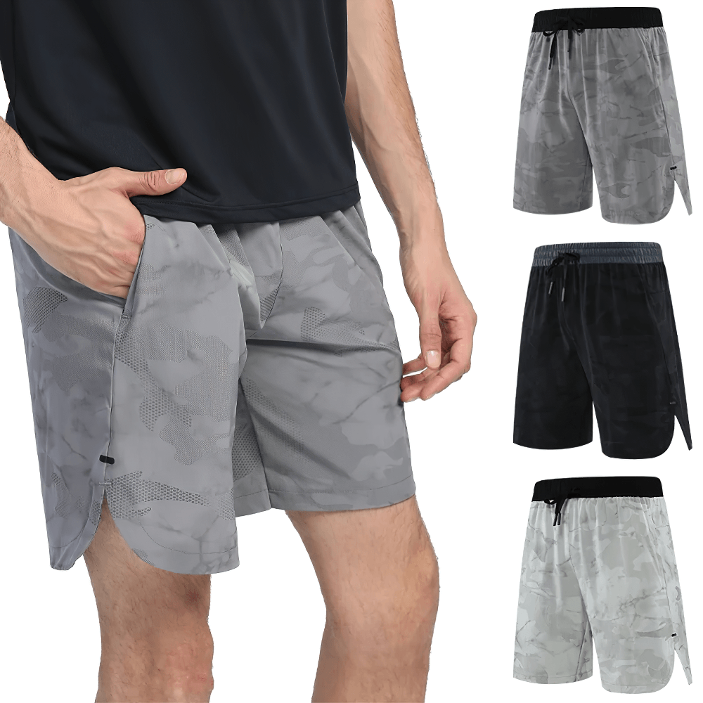 Alt Tag: Men's Quick-Dry Athletic Shorts with Camo Print - SF4468 marble camo gym running shorts with drawstring waistband, pockets, curved hem