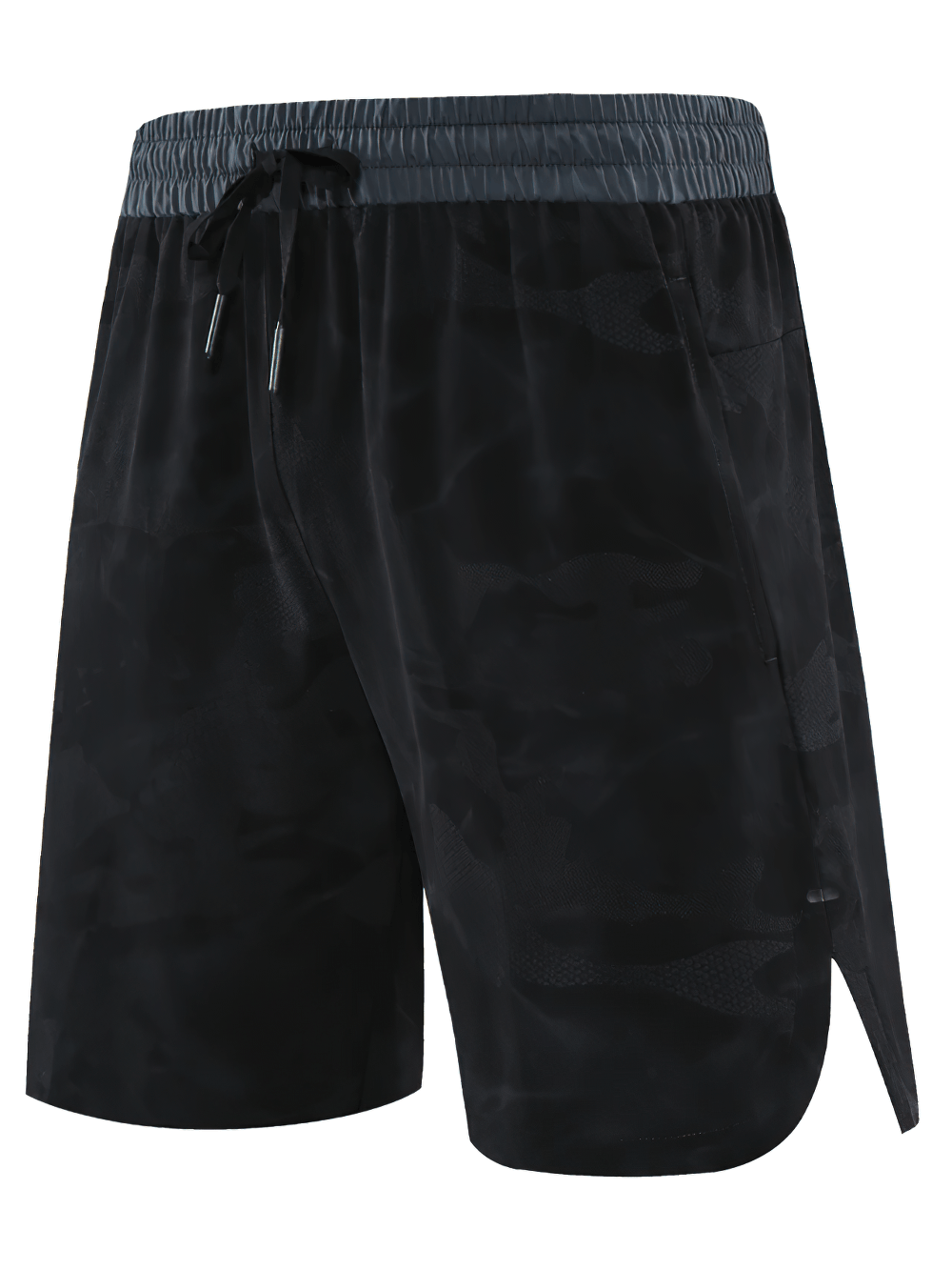 Alt Tag: Men's Quick-Dry Athletic Shorts with Camo Print - SF4468 black marble camo gym shorts with drawstring waistband and side pockets
