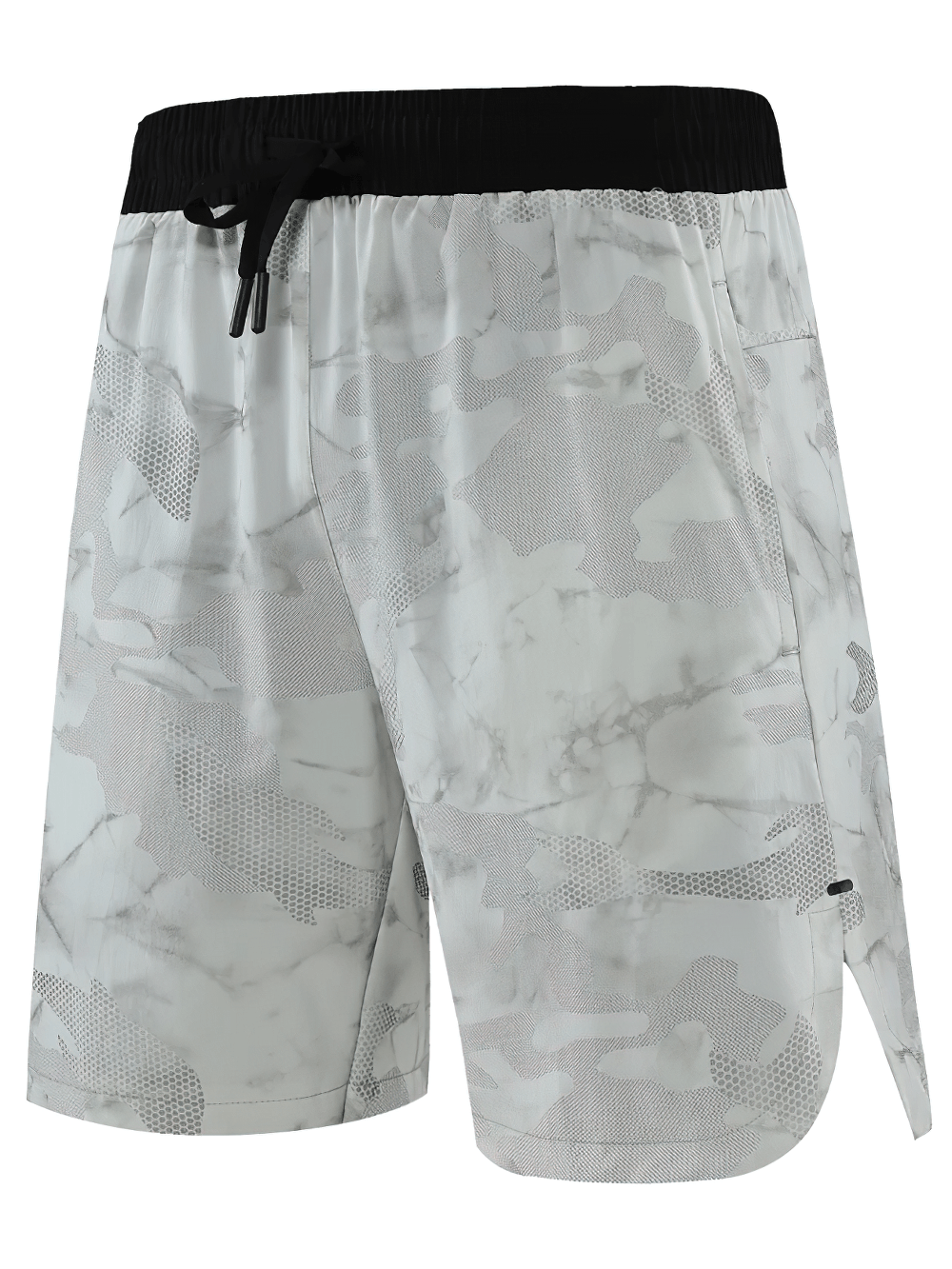 Alt Tag: Men's Quick-Dry Athletic Shorts with Camo Print - SF4468 light marble camo gym shorts with black drawstring waistband, side pockets