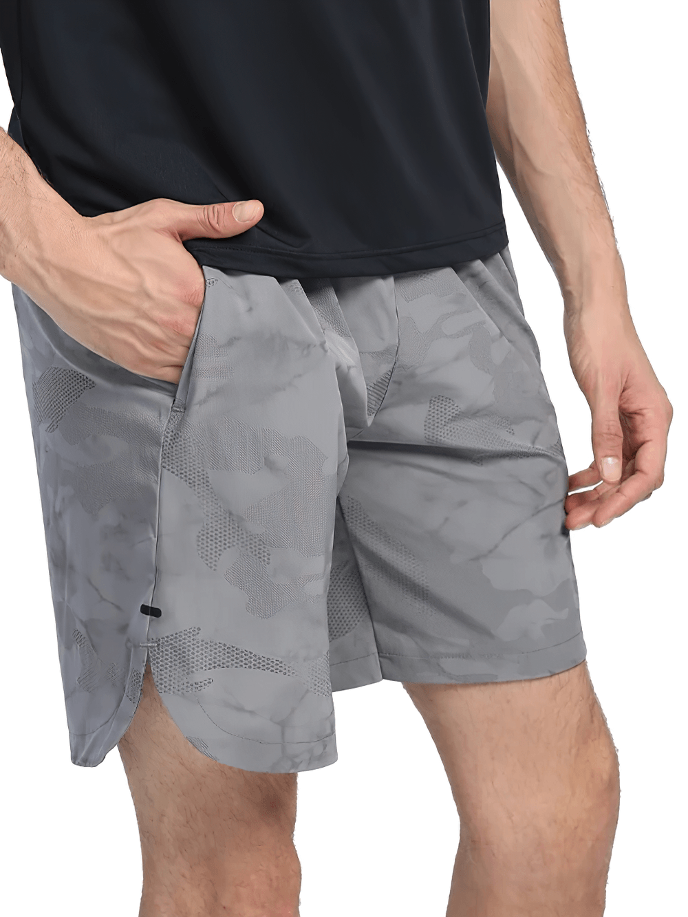 Alt Tag: Men's Quick-Dry Athletic Shorts with Camo Print - SF4468 gray marble camo gym shorts with drawstring waist, side pockets, curved hem