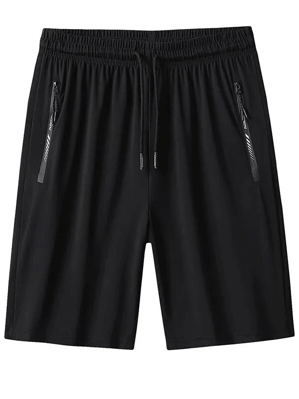 Men's Quick Dry Athletic Shorts with zip pockets in black nylon-spandex blend, featuring elastic waist and loose fit, style SF1968.